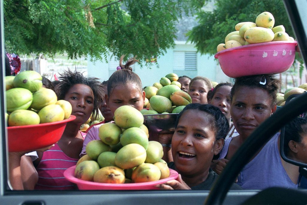 ESTE GRUPO DE VENDEDORAS DE MANGO ASEDIAN A LOS CONDUCTORES QUE CRUZAN POR LAS BAITOAS RUMBO A JIMANI, PROVINCIA INDEPENDENCIA......ABR.'00............FOTO/MIGUEL GOMEZ