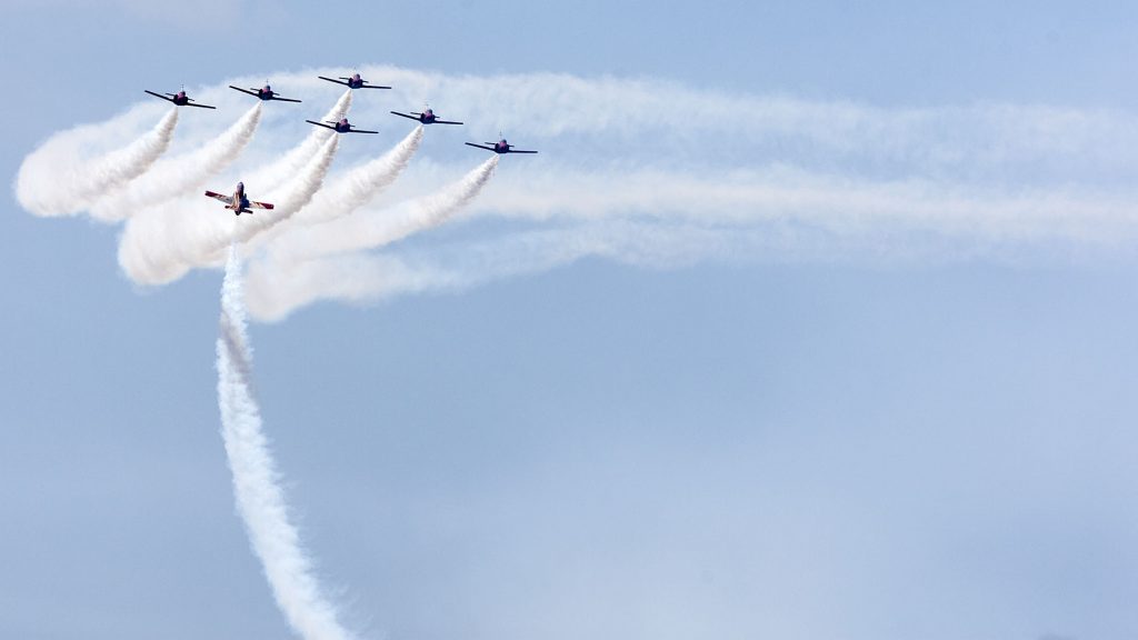 Members of the Spanish Air Force's 'Patrulla Aguila' ('Eagle Patrol' ) fly during an air show with CASA C-101 jets in 'Playa de la Victoria' Cadiz, southern Spain, on Sunday, Sep. 13, 2009 (AP Photo/Miguel Gomez)