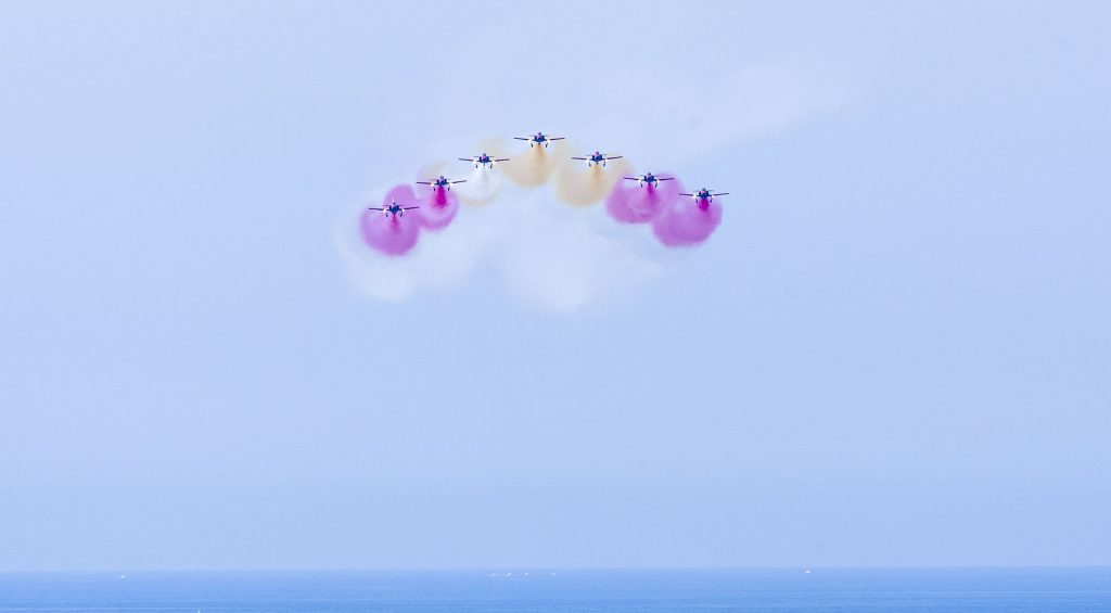 Members of the Spanish Air Force's 'Patrulla Aguila' ('Eagle Patrol' ) fly during an air show with CASA C-101 jets in 'Playa de la Victoria' Cadiz, southern Spain, on Sunday, Sep. 13, 2009 (AP Photo/Miguel Gomez)
