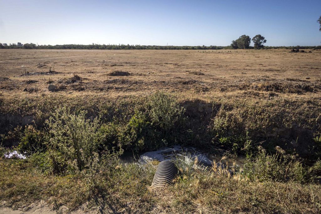 Donana, drought and heat. A drain near a greenhouse in the Donana’s National Park in Huelva, southern Spain on Friday, May 5 in 2023. Although technically the greenhouses are not located within the park boundaries, the water they use for production comes from Donana. NRC Photo//Miguel Gomez